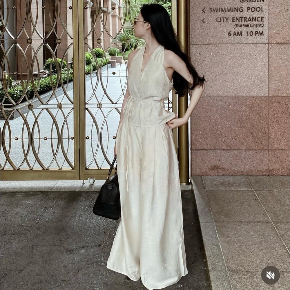 Vietnamese Local Brand Cream V-Neck Linen Set